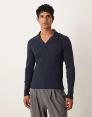 エイソス メンズ トップス Tシャツ リブニット スリムフィット ポロシャツ ニット ASOS DESIGN slim fit polo shirt rib knit Sky captain ネイビー