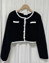 新品 フリース 半クロップド丈 バイカラーカーディガン