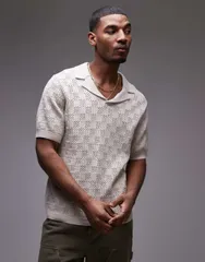 トップマン メンズ トップス ポロシャツ Topman crochet pattern polo in stone STONE ストーンのサムネイル