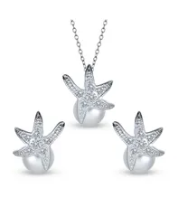 ブリング レディース アクセサリー ネックレス・チョーカー・ペンダントトップ レース Bling Jewelry Nautical Round Simulated Pearl Starfish Pendant Necklace and Earringset W