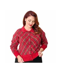 ユニークビンテージ レディース アウター ニット・セーター プラスサイズ カーディガン Unique Vintage Plusize Collared Knit Cardigan Red plaid レッド