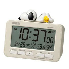 【人気商品】立体 フィギュア 電波時計 電子音 アラーム デジタル (スヌーズ 付) 目覚まし時計 温度計 湿度計 スヌーピー カレンダー ベージュ リズム(RHYTHM) 10.2×12×5.4cm 8RZ235MS38