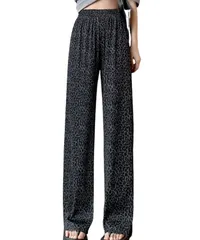 [Elixio] [エリクシオ] ワイドパンツ プリーツ レディース 柄 かすれストライプ レオパード ハイウエスト ウエストゴム ストレッチ 美脚 体型カバー 涼しい 春 夏 (JP, アルファベット, M, Short, [レオパード] [M Short]