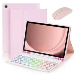 新品 SENALN iPad 10.2 第7世代 8世代 9世代 用/iPad Air3 Pro 10.5 用キーボードケース ワイヤレスマウス付き RGBバックライト搭載 磁気 分離式 タッチペン収納対応 軽量 薄型 7カラーバックライト，ピンク+白