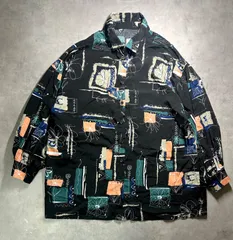 【美品】オリーブ・デ・オリーブ 総柄シャツ F レトロ モダン アート柄 ゆるだぼ ブラック 黒 OLIVE des OLIVE ブラウス オーバーサイズ 幾何学 フラワー ニュアンスカラー 春 秋 ユニセックス 31816