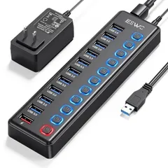 USBハブ 電源付き USB3.0ハブ 10ポートの 拡張+ 1充電ポート セルフパワー USB Hub 5Gbps高速データ伝送 USB3.0 拡張 独立スイッチ付き 12V3A ACアダプタ付き Android/Windows/MacBo 79565755
