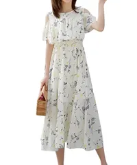 [Four leaf] 花柄ワンピース リゾートワンピース レディース 夏 可愛い 肩出し ワンピース きれいめ ロング カジュアル 大きいサイズ 半袖 リゾート 夏服 aライン ミモレ丈 上品 サマー ドレス エレガント ゆったり 旅行 [イエロー] [M]