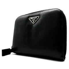 PRADA プラダ 二つ折り財布 サフィアーノ レザー コインケース 小銭入れ ラウンドファスナー ブラック 黒 三角ロゴ トライアングル プレート コンパクト ミニ ウォレット カードケース メンズ レディース ユニセックス