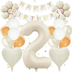 【新品】 2歳 誕生日 飾り付け 数字 バルーン 18点 セット 大きい 81cm/32 インチ くすみカラー 誕生日 飾り HAPPY BIRTHDAY バースデー ガーランド ナンバーバルーン (ソフトホワイト) 1