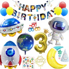 【新品】 誕生日 飾り付け 数字3 宇宙 セット 風船 シンプル パーティー セット 大きな 3Dバルーンセット バナー ロケット箔風船 UFO風船 地球の風船 月の風船 宇宙飛行士の風船 三角帽子 ステッカー 男の子 女の子 誕生日 装飾 バースデー