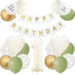 【新品】 GRESATEK 誕生日 バルーン 飾り付け 数字1 風船 バースデー 飾り HAPPY BIRTHDAYガーランド ハート風船 装飾 デコレーション お祝い パーティー 男の子 女の子 1歳セット グリーン 0