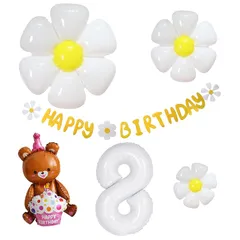 【新品】 誕生日 バルーン 8歳 誕生日 飾り付け 女の子 32inch 数字 バルーン 白 8 付け デイジーバルーン ホワイト 花 バルーン 3pcs 3D 立体 お座りくまとケーキ クマバルーくまちゃん バルーン 風船 誕生日 セット 0