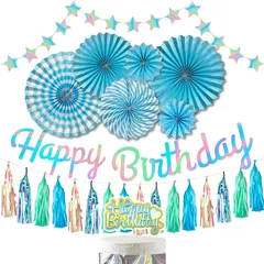 【新品】 HaHaHa!【完成タッセル！】誕生日 飾り付け セット ブルー オーロラ ペーパーファン タッセル ガーランド デコレーション ケーキトッパー HAPPY BIRTHDAYバースデー パーティー バナー 装飾 男の子 女の子 お祝い 記念日 ( 1