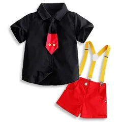 [MTP & Style] ミッキー風 キッズ コーデ サスペンダー ネクタイ セットアップ 子供服 コスチューム おでかけ 記念写真 半袖 (120) [120]