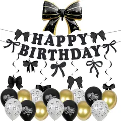 【新品】 誕生日 飾り付け バルーン セット 女の子 蝶結び、 花 誕生日パーティー装飾セット、ブラック＆ゴールド風船、HAPPYBIRTHDAYバナー、リボン装飾、華やかパーティー用品