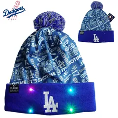 大谷翔平 ニットキャップ ニット帽MLB メジャーリーグ公式グッズ 限定LA DODGERS ロサンゼルス ドジャース総柄 ライト付き LIGHT'EM UPポンポンニット帽 帽子 ロゴ 野球 オフィシャルグッズデコピン ロゴ 応援グッズ 試合観戦