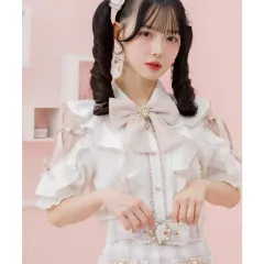 ロジータ ショルダー レイ フリル ダブル リボン フリル デザイン 半袖 ブラウス ホワイトピンク