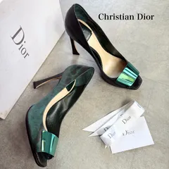 希少 Christian Dior クリスチャンディオール パイソン プレート オープントゥーパンプス レザー グリーン 緑 37 レディースシューズ 24cm