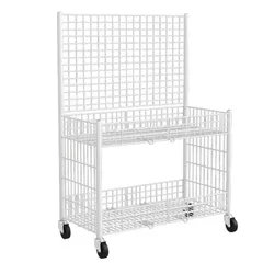 クラフト ショー/小売アート フック付き 通りに屋台を出す フェア/フリー スーパーマーケットの棚 整理棚 多機能 マーケット 食品 果物 野菜 バスケットラック 陳列棚 メッシュパネル 折り畳み式 サイズ65x55x130CM-ホワイト） キャスター付き（