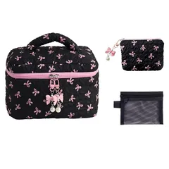 【新品】 Yousimei 化粧ポーチ 3点セット 大容量 バニティポーチ 小物ポーチ メッシュポーチ付き リボン柄 キルティング 手提げ 可愛い コスメポーチ 旅行用 メイクポーチ ギフト 22.5×15×15cm 1