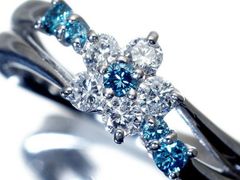 Pt900 天然クリア&ブルーダイヤモンド0.50ctダブルフラワーリング 