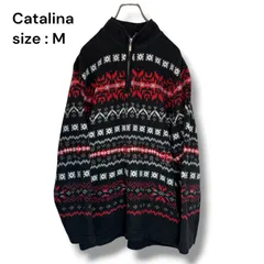 【総柄】Catalina ハーフジップ フリース ノルディック柄 黒 M レトロ