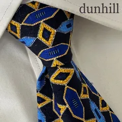 《美品》dunhill (ダンヒル) シルクネクタイ 総柄 ダイヤ柄 ネイビー ブルー ゴールド ホワイト