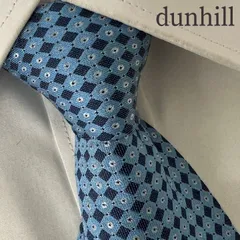 《美品》dunhill (ダンヒル) シルクネクタイ 総柄 マイクロジオメトリック ダイヤ ネイビー ライトブルー ホワイト