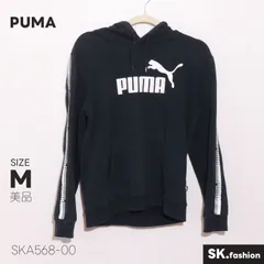 美品 PUMA トップス フロントロゴプリント 袖ラインデザイン ポケット付き フード付き　長袖パーカー