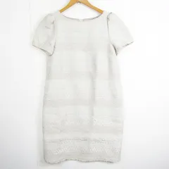 ジルスチュアート JILL STUART ジャガード ワンピース 膝丈 半袖 レーヨン 2 ライトベージュ シルバー フリンジ 総柄 kz10543