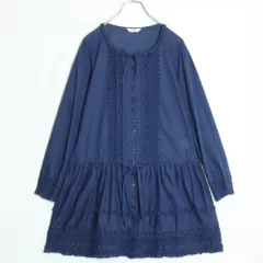 【美品】ピンクハウス★お花のレース♪ローンチュニック ブラウス ネイビー系 　前開き 段々フリル♪薄手 無地 z18738