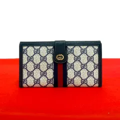 極 美品 GUCCI グッチ オールドグッチ ヴィンテージ シェリーライン GG ロゴ 金具 レザー 二つ折り 長財布 ウォレット ネイビー 34651