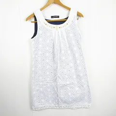 クイーンズコート QUEENS COURT ノースリーブ ワンピース 膝丈 綿 2 ホワイト レース ビジュー kz11496
