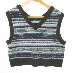 ニコアンド Niko and.. ニット ベスト Ｖネック ストレッチ 羊毛 M ブルー ブラウン マルチボーダー kz11756