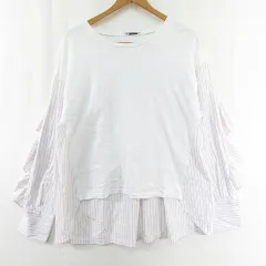 ザラ ZARA ブラウス 長袖 フリル コットン M ホワイト ストライプ 5039/042 kz12126