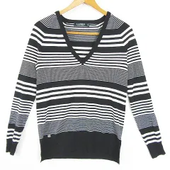 ローレンラルフローレン LAUREN RALPH LAUREN ニット カットソー 長袖 Vネック レーヨン 絹 XXS ブラック ボーダー 小さいサイズ kz12193