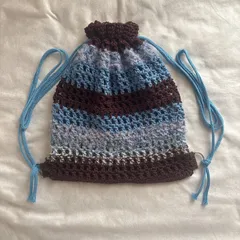 【ハンドメイド・完成品】ナップサック　メッシュ　リュック　バッグ　編み物　毛糸　コットン　ブラウン　ブルー　スカイブルー　青　茶色　水色　メンズ　レディース　ユニセックス
