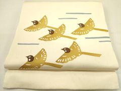 の*り様 美品 正絹 塩瀬 名古屋帯 オフホワイト めざし 干物 魚柄