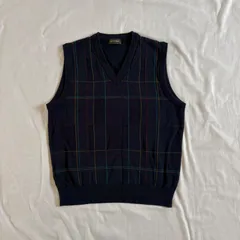 ニットベスト チェック柄 Vネック ネイビー シンプル  キレイめカジュアル 古着