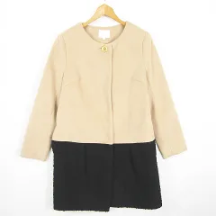 グローブ grove ノーカラー ロング コート レーヨン M ベージュ ブラック バイカラー 異素材切替 kz13051