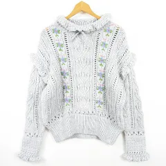 ザラ ZARA ニット セーター フリル 長袖 M グレー 透かし編み 刺繍 花柄 0021/107 kz13998