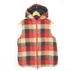 キャサリンハーネル Catherine Harnel リバーシブル ダウンベスト フード付き ウール 38 ネイビー レッド チェック kz13956