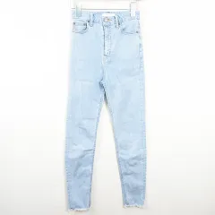 マウジー MOUSSY デニム パンツ ジーンズ ストレッチ 24 ライトブルー カットオフ フリンジ kz13919