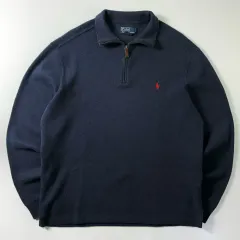 Polo ポロ ラルフローレン 90's 刺繍 コットン ネイビー ハーフジップ ニット