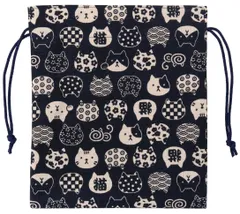 綿 和柄 日本製 猫 小物入れ にゃんこもん 御朱印帳 紺 袋 巾着 22.5×22.5cm 京佑