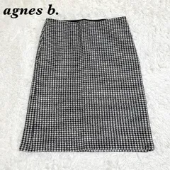 【美品】 agnes b 千鳥格子柄ひざ丈スカート ウール混 3 ブラック