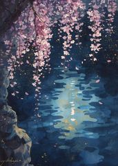 風景画 原画 アクリル画 インテリアアート「夜桜」 水彩画 原画 額装有 『雨の夜桜』 - メルカリ
