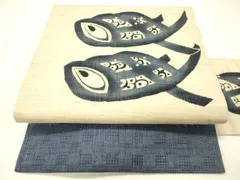 平和屋着物＊夏物　九寸名古屋帯　本藍　魚　麻　逸品　DABC8790cm