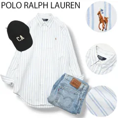 90s ヴィンテージ ポロ ラルフローレン POLO RALPH LAUREN 長袖 ボタンダウン コットン シャツ ラウンドヘム ポニー ロゴ 刺繍 M ストライプ ブルーxホワイト メンズ