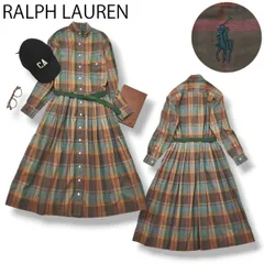 90s ヴィンテージ ラルフローレン RALPH LAUREN 長袖 シャツ ワンピース ロング プリーツ バンドカラー チンストラップ 7 チェック マルチカラー シティールック レディース ♪